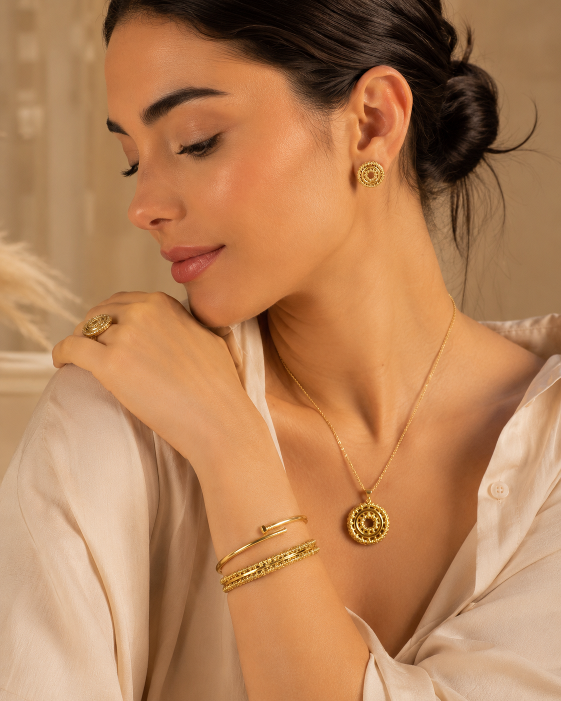 Gold Beaded Circle Jewelry Set