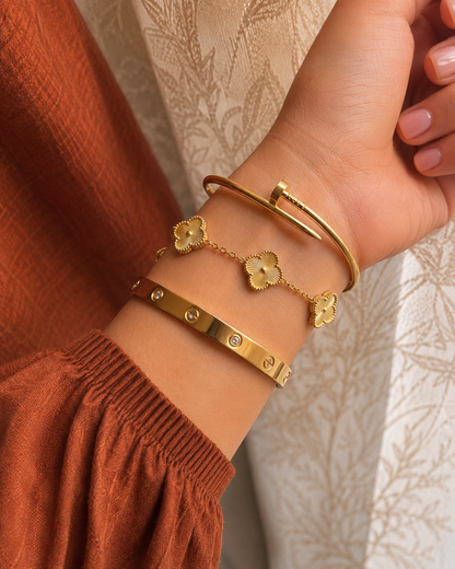 Gold Bangle & Clover Bracelet Stack