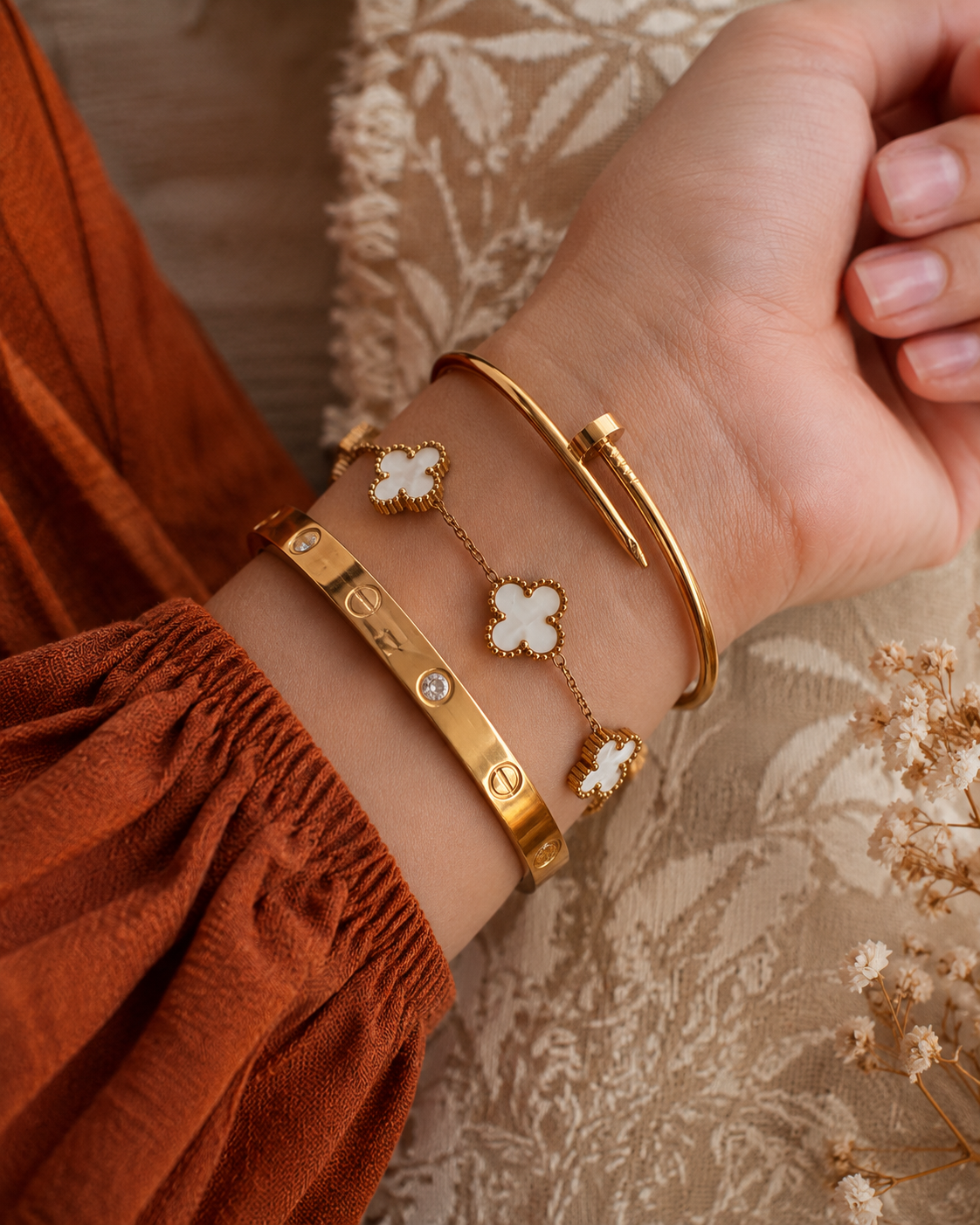 Gold Bangle & Clover Bracelet Stack