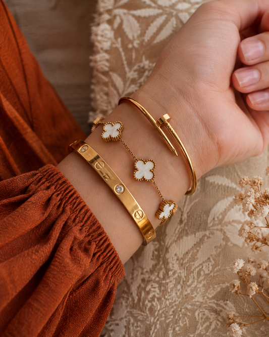 Gold Bangle & Clover Bracelet Stack