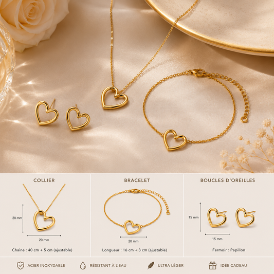Parure Cœur Ouvert – Collier, Bracelet & Boucles d'Oreilles en Acier Inoxydable