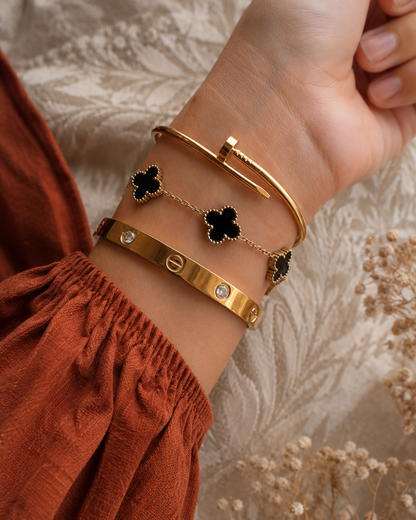 Gold Bangle & Clover Bracelet Stack