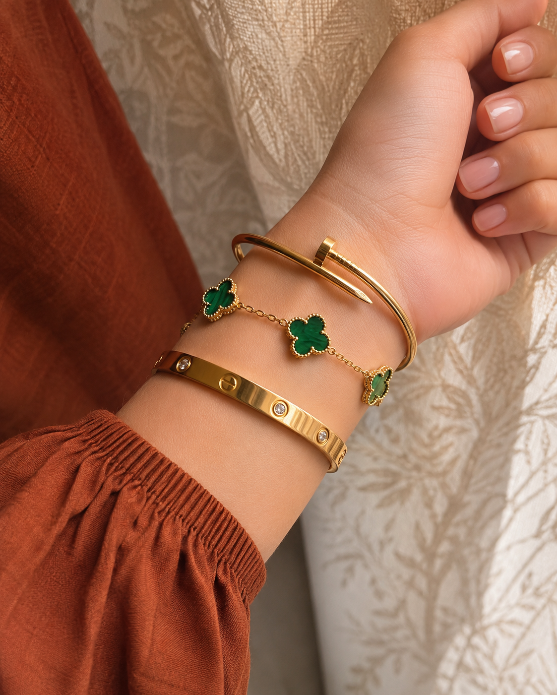 Gold Bangle & Clover Bracelet Stack