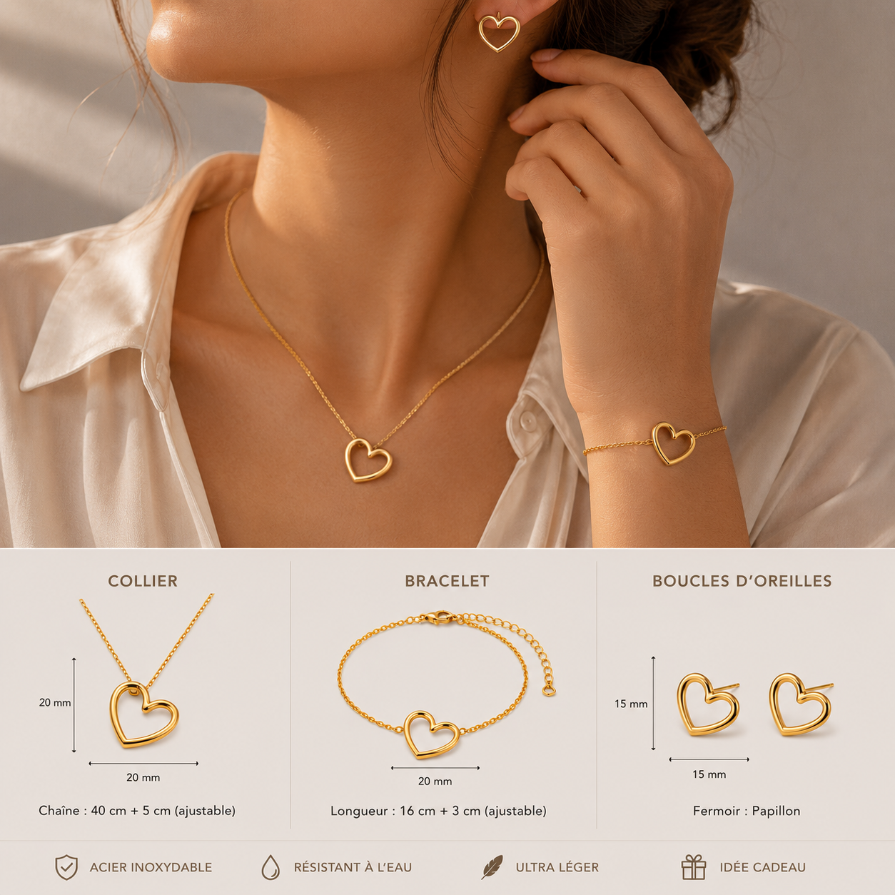 Parure Cœur Ouvert – Collier, Bracelet & Boucles d'Oreilles en Acier Inoxydable